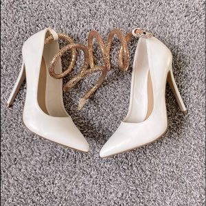 Snake ankle wrap around white heel